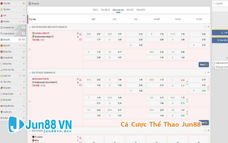 Đa dạng môn thể thao và kèo cược tại Jun88