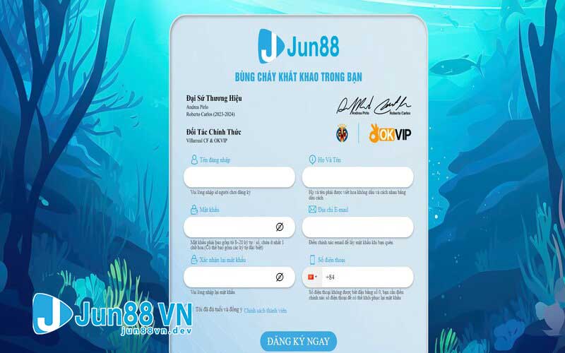 Giao diện đăng ký tài khoản Jun88 - Hướng dẫn Jun88