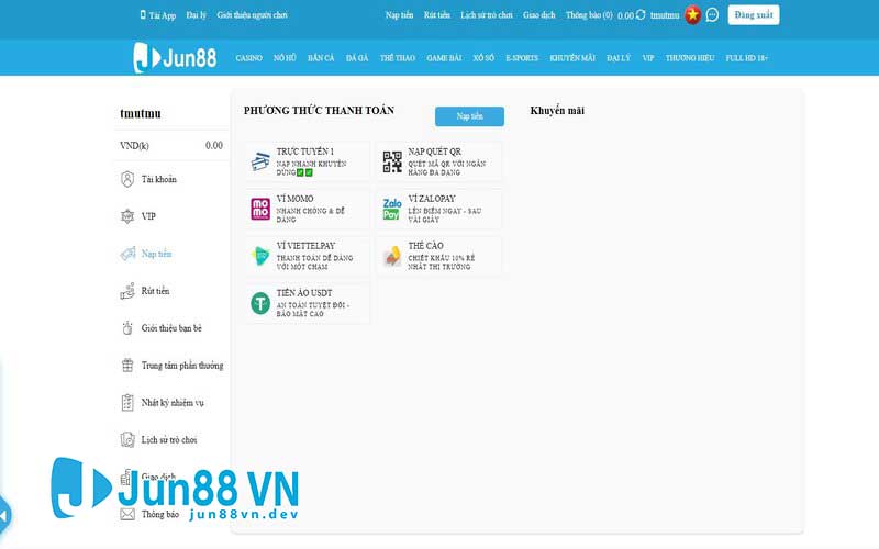 Giao diện nạp tiền vào Jun88