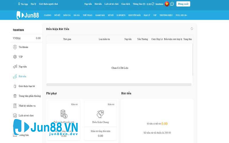 Giao diện rút tiền từ Jun88