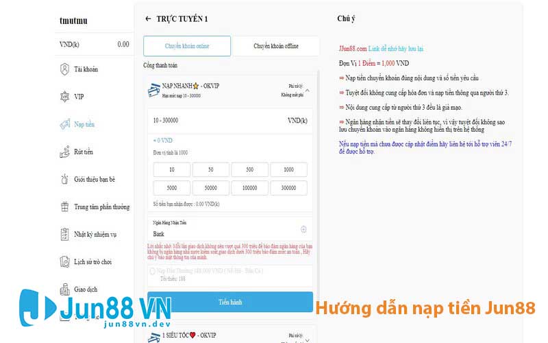 Giao diện nạp tiền qua Internet banking