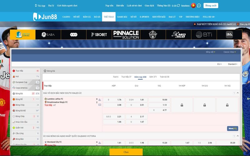 Đa dạng sảnh cược thể thao Jun88